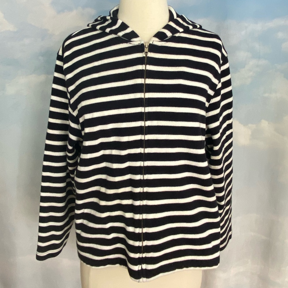 Talbots White and Navy Striped Sweater Hoodie Petite M
